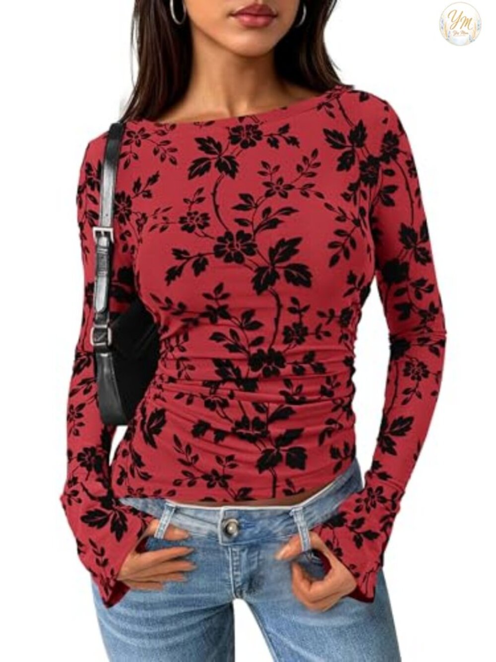 Womens Floral Mesh Blouse Long Bell Sleeve Ruched Boat Neck Top